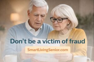 Graphic showing older couple reviewing paperwork with text warning seniors not to be a victim of fraud