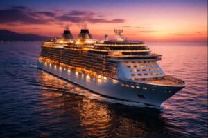 Senior friendly cruise ship sailing at dusk with accessible decks and warm lighting
