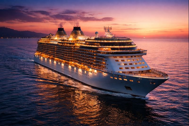 Senior friendly cruise ship sailing at dusk with accessible decks and warm lighting