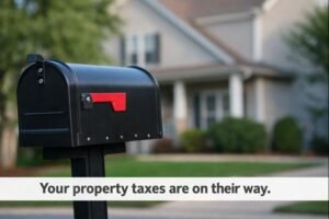 Black mailbox in front of a home with a message about upcoming property taxes