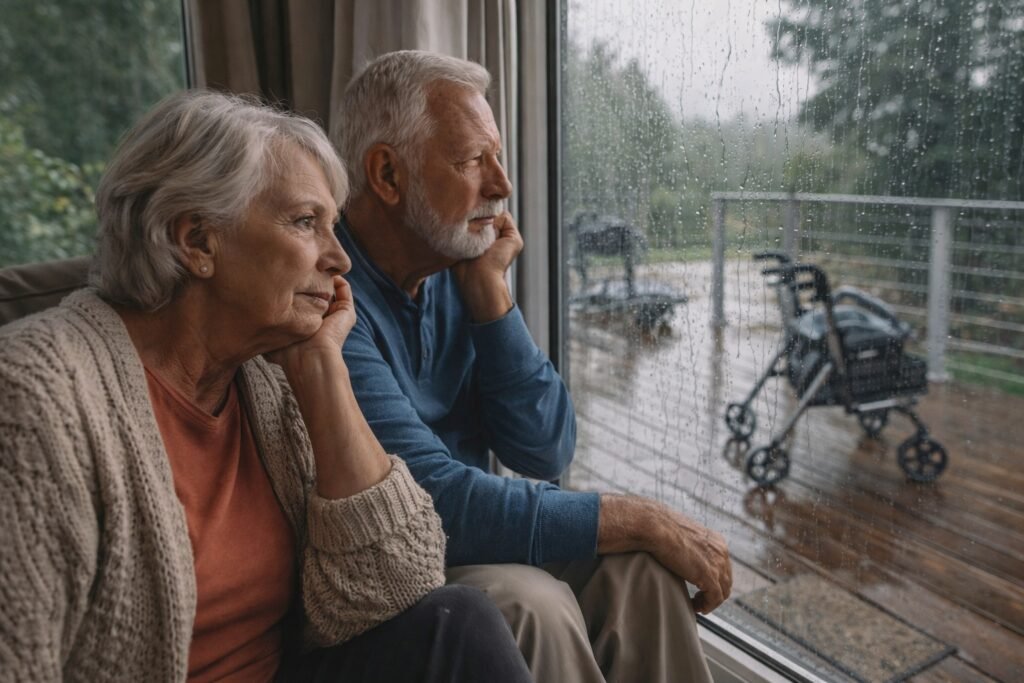 Older couple sitting indoors by a window, looking outside at bad weather and choosing to stay home safely