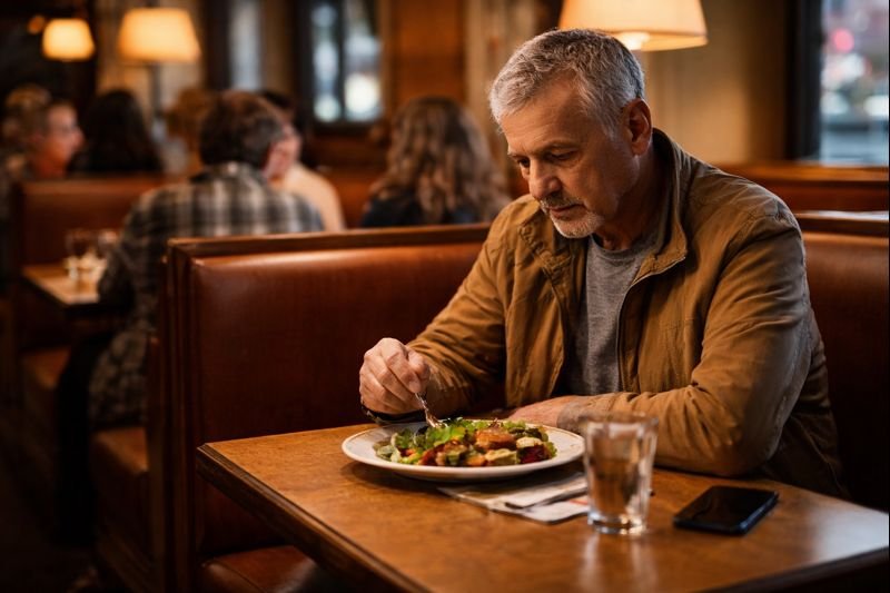 Older man with gray hair sitting alone at a restaurant table, eating quietly while other diners talk in nearby booths