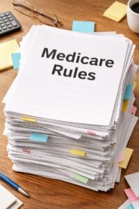 Stack of Medicare paperwork on a desk labeled “Medicare Rules,” showing how complex Medicare coverage can be
