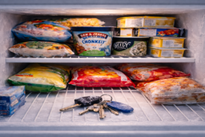 Car and house keys covered in frost sitting inside a freezer next to frozen food, showing a subtle warning sign that aging at home may no longer be safe