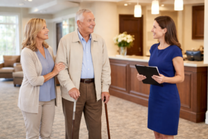 Family touring an assisted living community and speaking with staff in the main lobby