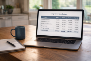 Long term care budget displayed on a laptop in a home setting