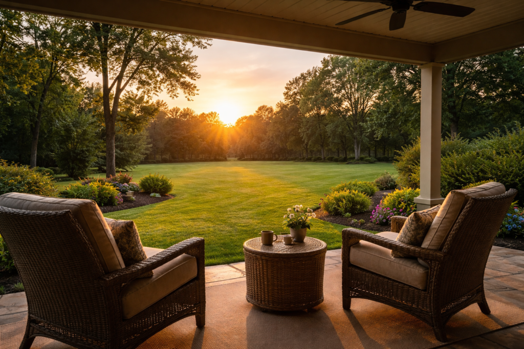 Peaceful sunset view from a home patio representing aging at home